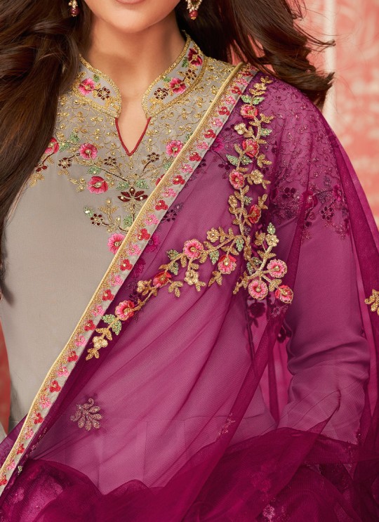 Fashionable Georgette Floor Length Anarkali In Grey Color For Bridesmaids Nusrat 8290 By Aashirwad SC/016087