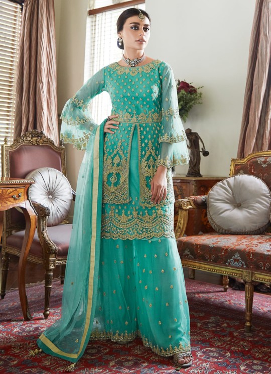Turquoise Net Bridal Sharara Suit Premium Sharara 7022 By Aashirwad SC/016958