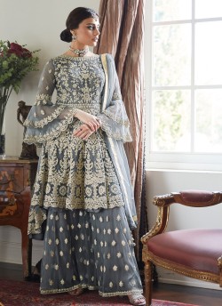 Grey Net Bridal Sharara Suit Premium Sharara 7024 By Aashirwad SC/016960