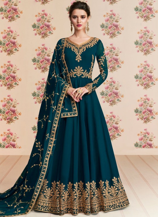 Teal Blue Georgette Embroidered Eid Wear Floor Length Anarkali Rivaana 8194 By Aashirwad Creation SC/015156