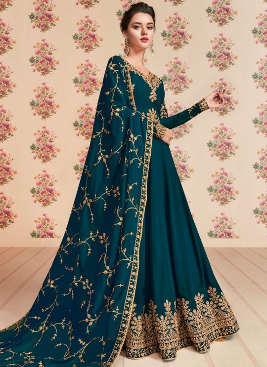 Teal Blue Georgette Embroidered Eid Wear Floor Length Anarkali Rivaana 8194 By Aashirwad Creation SC/015156