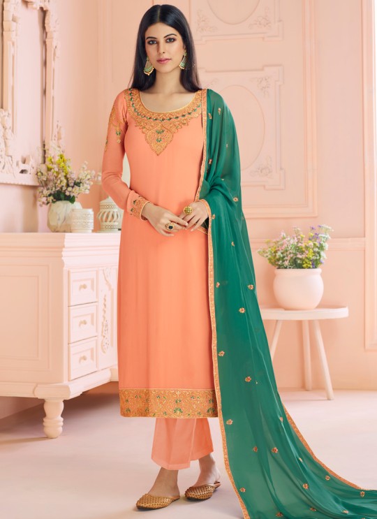 Rosy By Aashirwad 7122 Peach Pure Georgette Straight Cut Suit