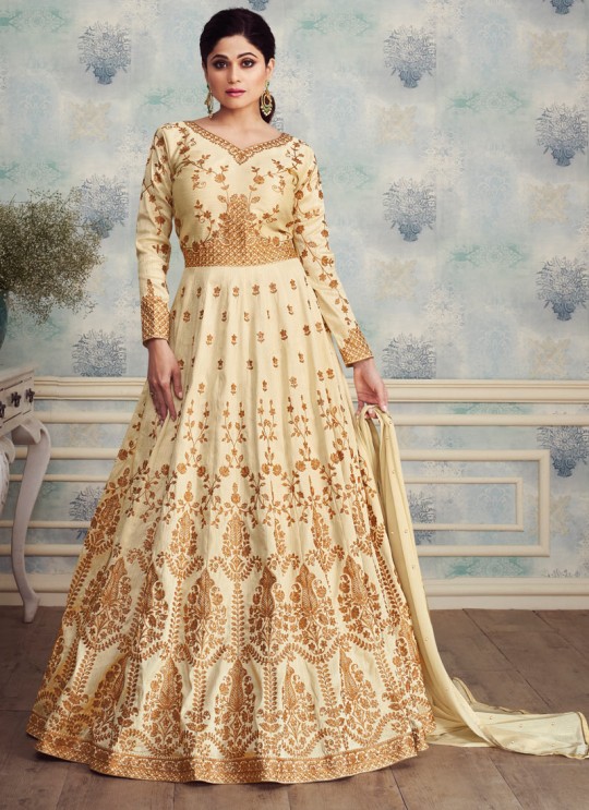 Pleasant Mulberry Silk Abaya Style Anarkali In Off White Color For Bridesmaids Royal Silk 8256 By Aashirwad SC/016091