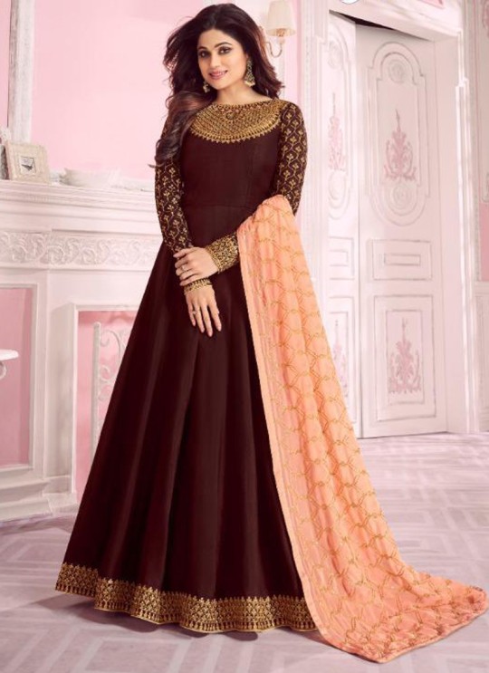 Brown Dolla Silk Embroidered Gown Style Anarkali Dolla Silk 8276 By Aashirwad