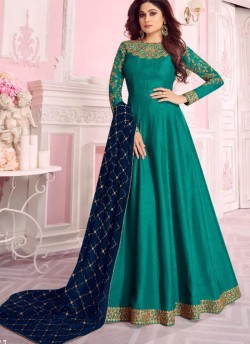 Turquoise Dolla Silk Embroidered Gown Style Anarkali Dolla Silk 8277 By Aashirwad