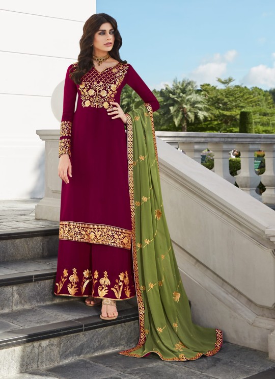 Magenta Georgette Ceremony Wear Palazzo Suits Gota Pati Vol-2 7025 By Aashirwad Aash-7025