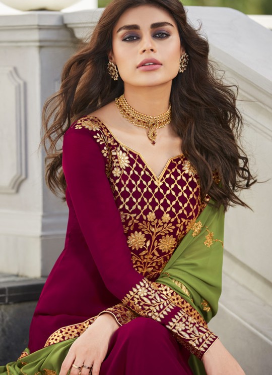 Magenta Georgette Ceremony Wear Palazzo Suits Gota Pati Vol-2 7025 By Aashirwad Aash-7025