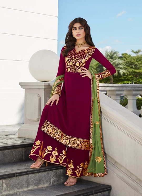 Magenta Georgette Ceremony Wear Palazzo Suits Gota Pati Vol-2 7025 By Aashirwad Aash-7025