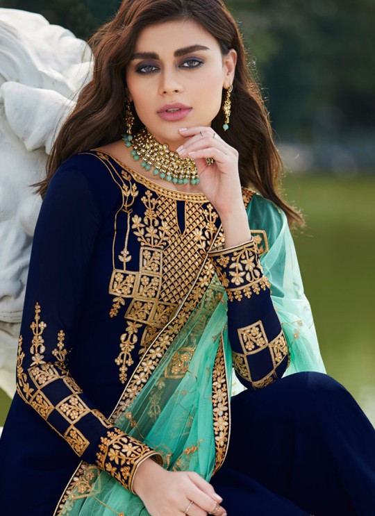 Blue Georgette Ceremony Wear Palazzo Suits Gota Pati Vol-2 7026 By Aashirwad Aash-7026
