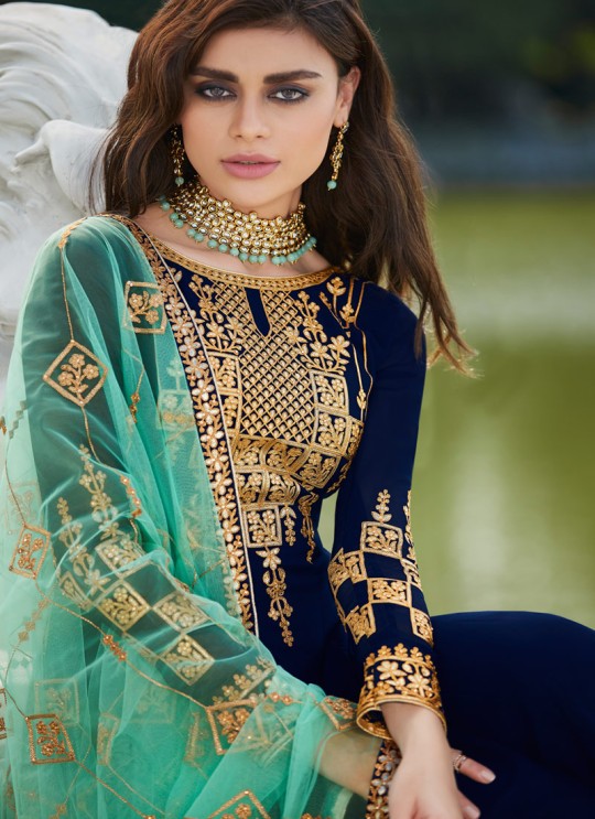 Blue Georgette Ceremony Wear Palazzo Suits Gota Pati Vol-2 7026 By Aashirwad Aash-7026