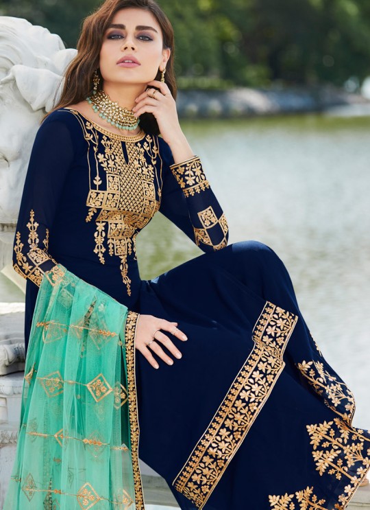 Blue Georgette Ceremony Wear Palazzo Suits Gota Pati Vol-2 7026 By Aashirwad Aash-7026