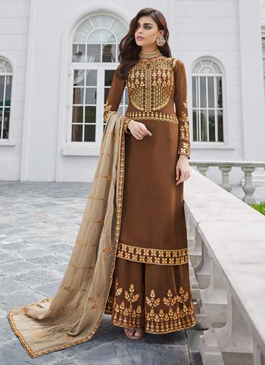 Brown Georgette Ceremony Wear Palazzo Suits Gota Pati Vol-2 7027 By Aashirwad Aash-7027