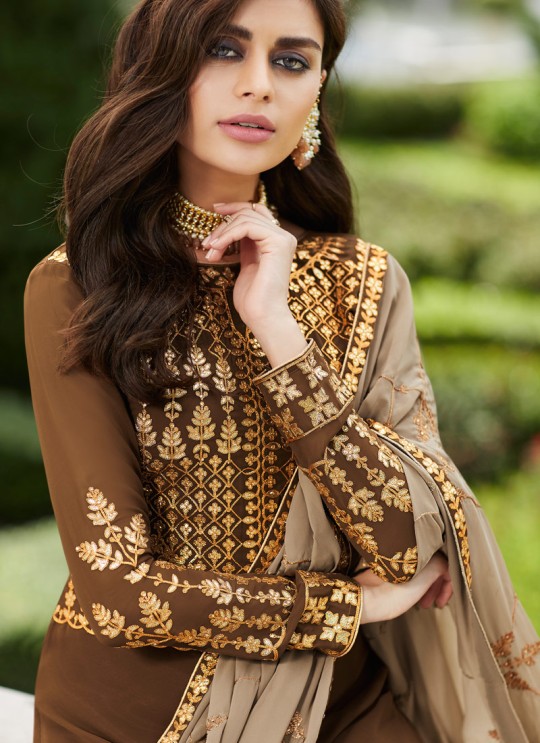 Brown Georgette Ceremony Wear Palazzo Suits Gota Pati Vol-2 7027 By Aashirwad Aash-7027