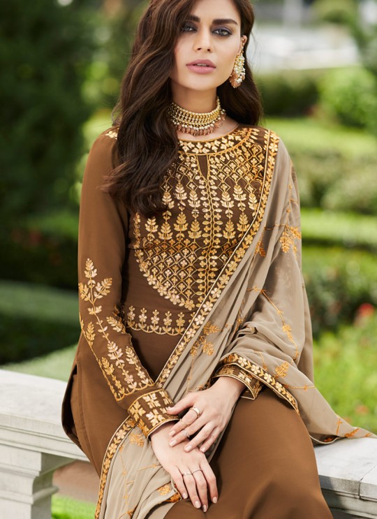 Brown Georgette Ceremony Wear Palazzo Suits Gota Pati Vol-2 7027 By Aashirwad Aash-7027