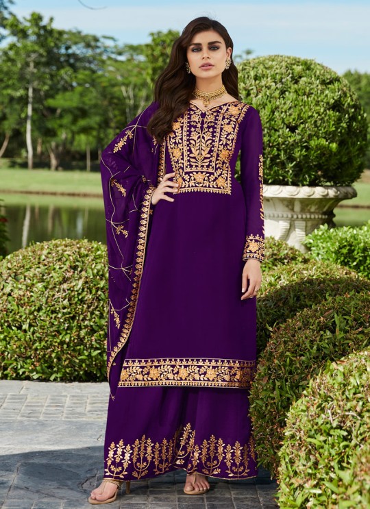 Purple Georgette Ceremony Wear Palazzo Suits Gota Pati Vol-2 7028 By Aashirwad Aash-7028