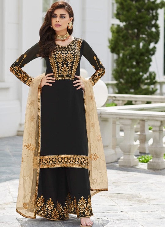 Black Georgette Ceremony Wear Palazzo Suits Gota Pati Vol-2 7030 By Aashirwad Aash-7030