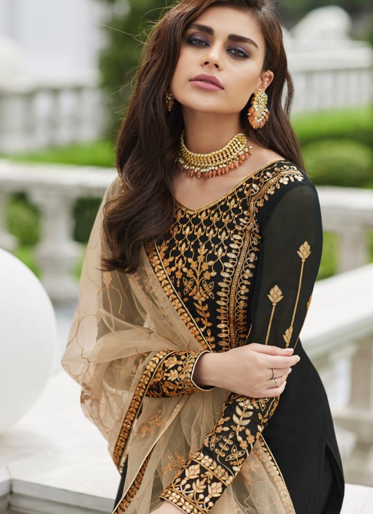 Black Georgette Ceremony Wear Palazzo Suits Gota Pati Vol-2 7030 By Aashirwad Aash-7030