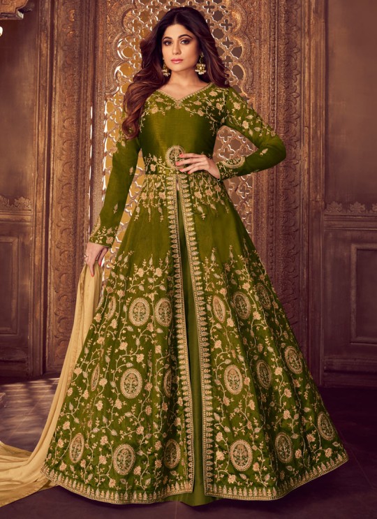 Green Mulberry Silk Embroidered Pakistani Suits For Eid Festival Gulkand Silk 8221 By Aashirwad Creation SC/015385