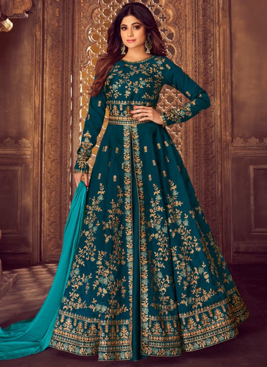 Teal Blue Mulberry Silk Embroidered Pakistani Suits For Eid Festival Gulkand Silk 8225 By Aashirwad Creation SC/015389