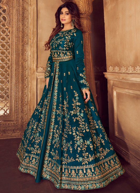 Teal Blue Mulberry Silk Embroidered Pakistani Suits For Eid Festival Gulkand Silk 8225 By Aashirwad Creation SC/015389