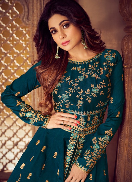 Teal Blue Mulberry Silk Embroidered Pakistani Suits For Eid Festival Gulkand Silk 8225 By Aashirwad Creation SC/015389