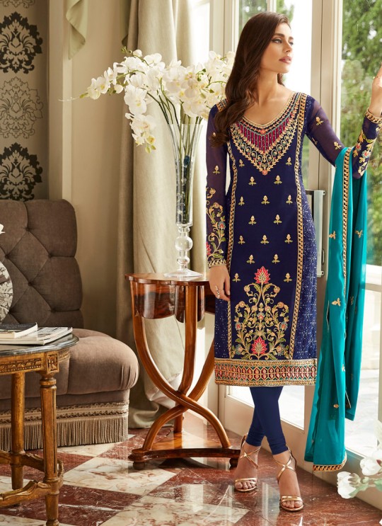Fascinating Georgette Party Wear Churidar Suit In Blue Color Mbroidered 7005 By Aashirwad SC/016302