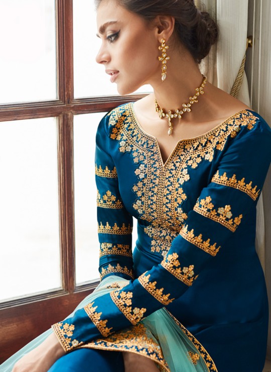 Alluring Satin Georgette Party Wear Churidar Suit In Royal Blue Color Sadaf 7011 By Aashirwad SC/016282