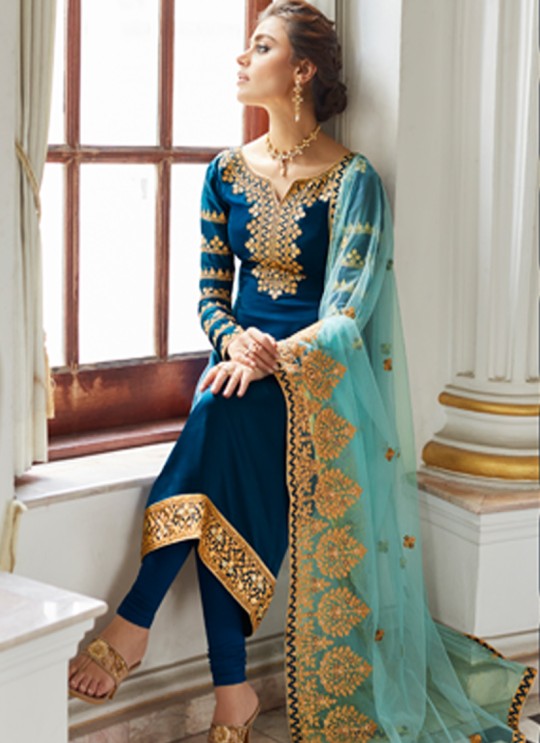 Alluring Satin Georgette Party Wear Churidar Suit In Royal Blue Color Sadaf 7011 By Aashirwad SC/016282