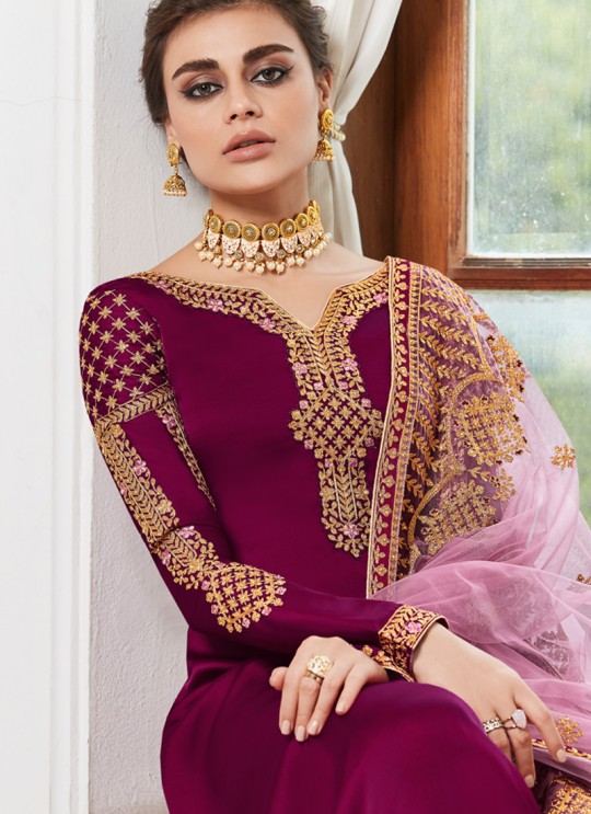 Pleasant Satin Georgette Party Wear Churidar Suit In Magenta Color Sadaf 7012 By Aashirwad SC/016283
