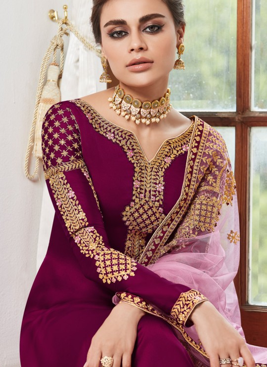Pleasant Satin Georgette Party Wear Churidar Suit In Magenta Color Sadaf 7012 By Aashirwad SC/016283
