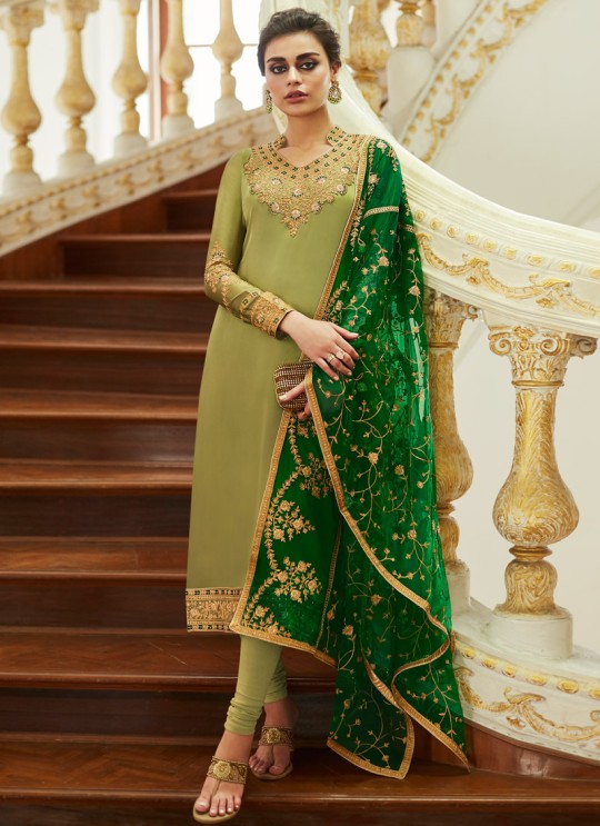 Delightful Satin Georgette Party Wear Churidar Suit In Green Color Sadaf 7013 By Aashirwad SC/016284