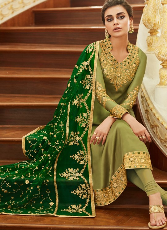 Delightful Satin Georgette Party Wear Churidar Suit In Green Color Sadaf 7013 By Aashirwad SC/016284