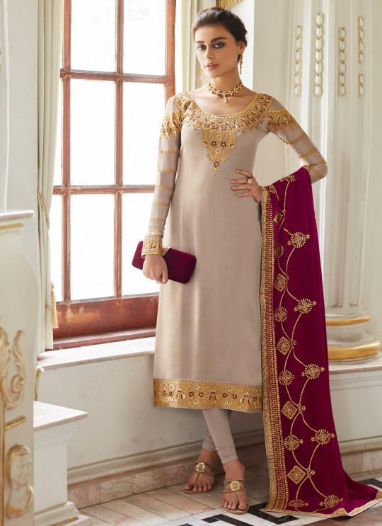 Luxurious Satin Georgette Party Wear Churidar Suit In Beige Color Sadaf 7014 By Aashirwad SC/016285