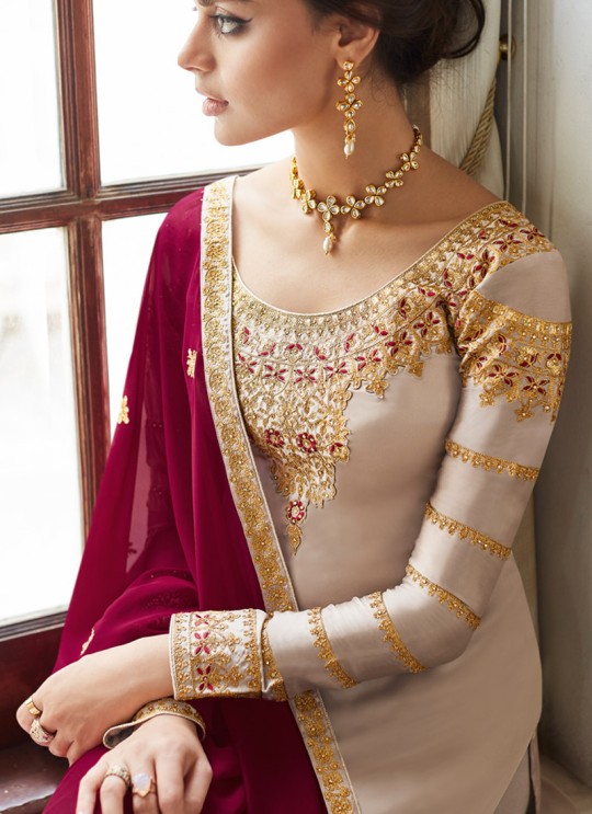 Luxurious Satin Georgette Party Wear Churidar Suit In Beige Color Sadaf 7014 By Aashirwad SC/016285