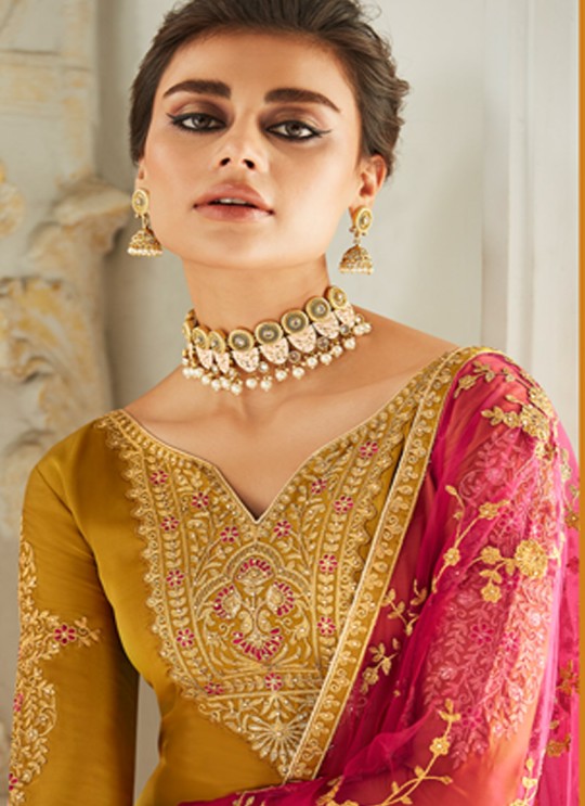 Exultant Satin Georgette Party Wear Churidar Suit In Gold Color Sadaf 7016 By Aashirwad SC/016286