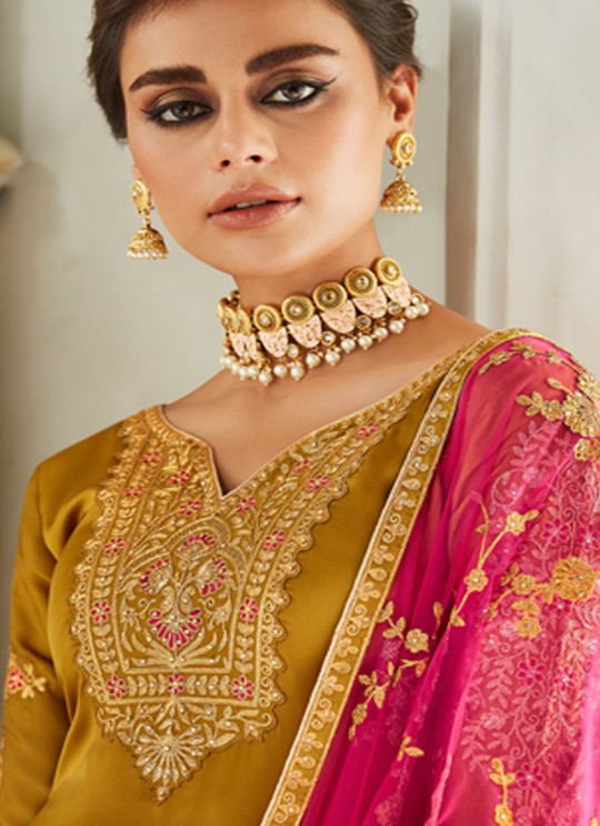 Exultant Satin Georgette Party Wear Churidar Suit In Gold Color Sadaf 7016 By Aashirwad SC/016286