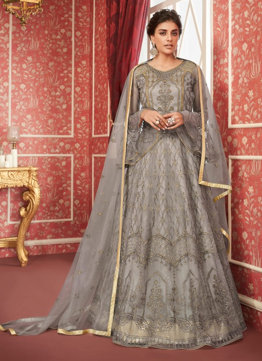 Grey Net Bridal Wear Skirt Kameez Sajda 8299 By Aashirwad Aash-8299