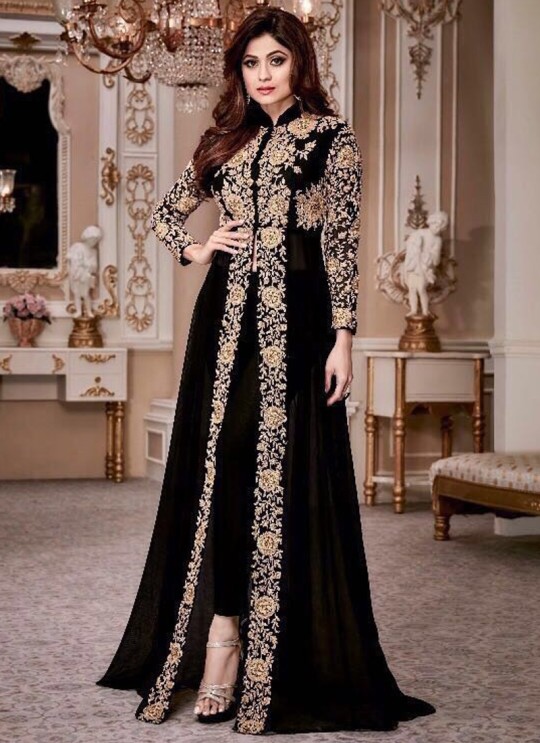 Georgette Party Designer Suit In Black Color shamita Gold 8001A SC/006659