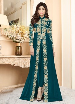 Georgette Party Designer Suit In Teal Blue Color shamita Gold 8001L SC/010080