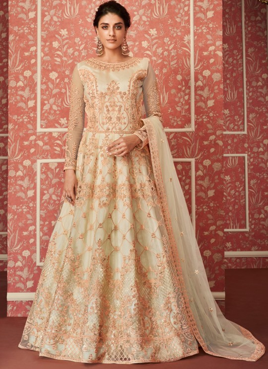 Hilarious Net Wedding Wear Floor Length Anarkali In Cream Color Wedding 8304 By Aashirwad SC/016313