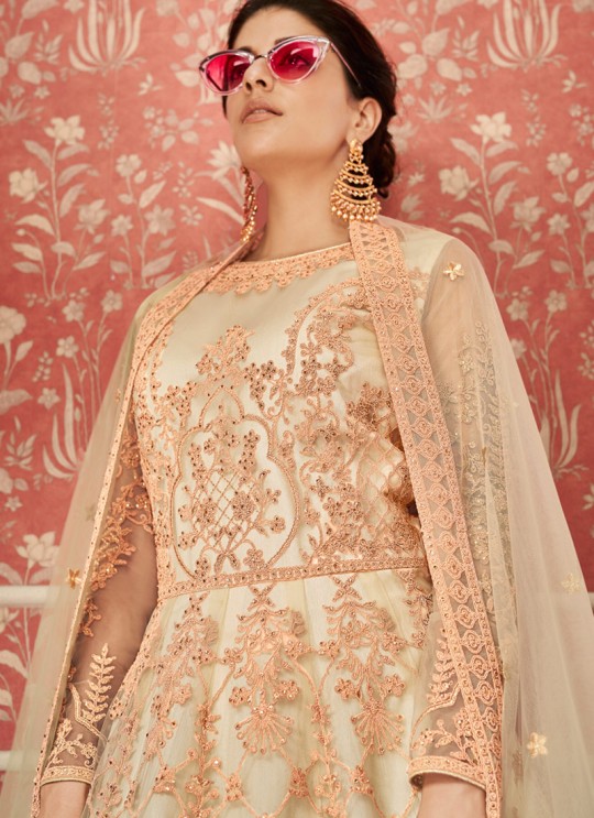 Hilarious Net Wedding Wear Floor Length Anarkali In Cream Color Wedding 8304 By Aashirwad SC/016313