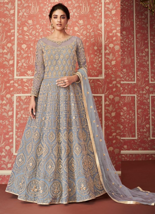 Cheerful Net Wedding Wear Floor Length Anarkali In Grey Color Wedding 8306 By Aashirwad SC/016315