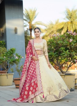 Cream Pure Cosmos Bandhej Semi-Stitched Lehenga Choli Occasion Vol-11 5042