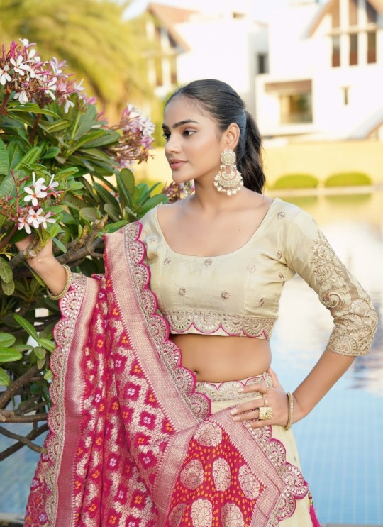 Cream Pure Cosmos Bandhej Semi-Stitched Lehenga Choli Occasion Vol-11 5042
