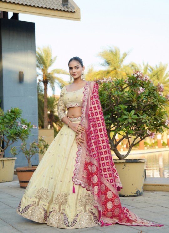 Cream Pure Cosmos Bandhej Semi-Stitched Lehenga Choli Occasion Vol-11 5042