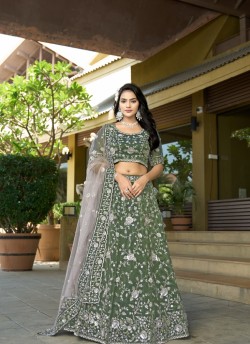 Green Pure Cosmos Tissue with Net Semi-Stitched Lehenga Choli Occasion Vol-11 5044