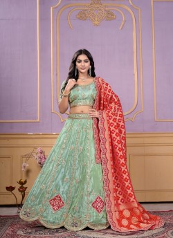 Pista Green Pure Cosmos Bandhej Designer Lehenga | Occasion Vol-12 5050