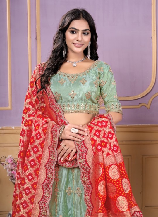 Pista Green Pure Cosmos Bandhej Designer Lehenga | Occasion Vol-12 5050