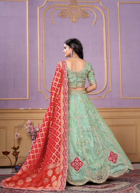 Pista Green Pure Cosmos Bandhej Designer Lehenga | Occasion Vol-12 5050