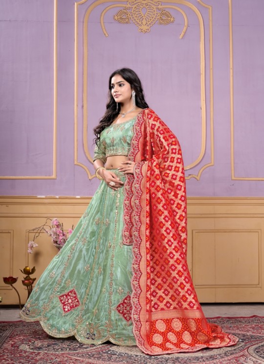 Pista Green Pure Cosmos Bandhej Designer Lehenga | Occasion Vol-12 5050